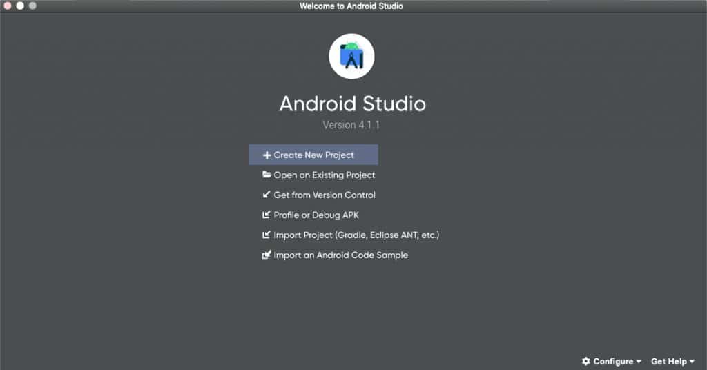 Android Studio home screen